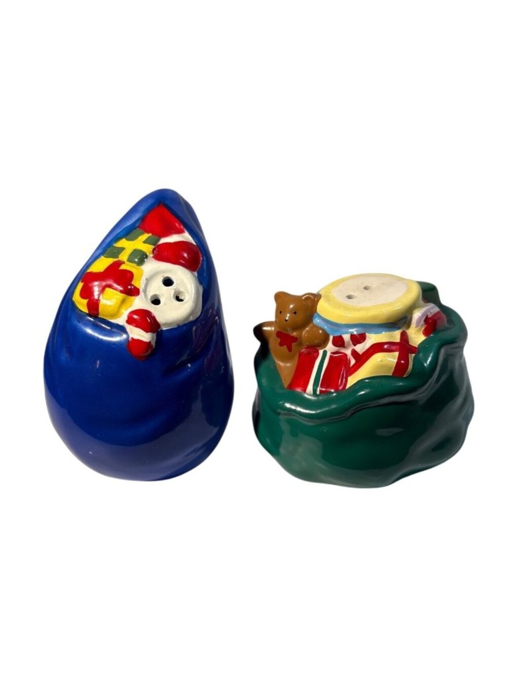 Russ Santa Gift Bag Salt & Pepper Shaker Set Hand Painted Holiday Decor Vibrant